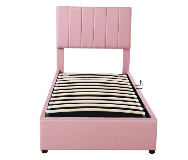 Cama con almacenaje tapizada en tela de lino - 90x200cm - rosa