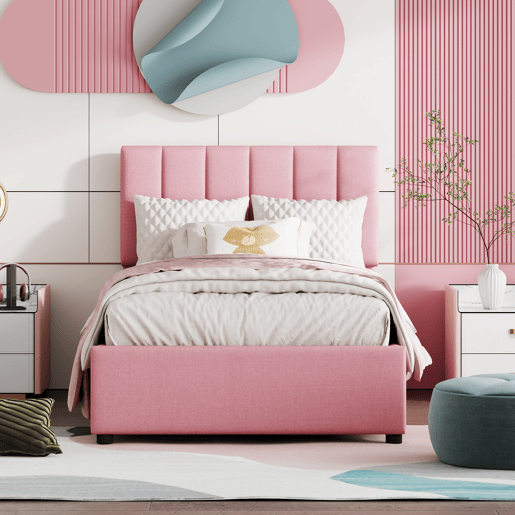 Cama estofada em linho com arrumação - 90x200cm - Rosa