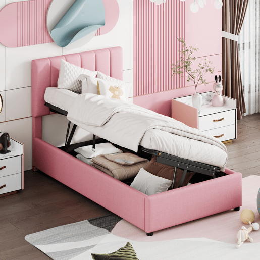 Cama estofada em linho com arrumação - 90x200cm - Rosa