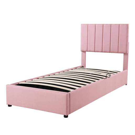 Cama estofada em linho com arrumação - 90x200cm - Rosa