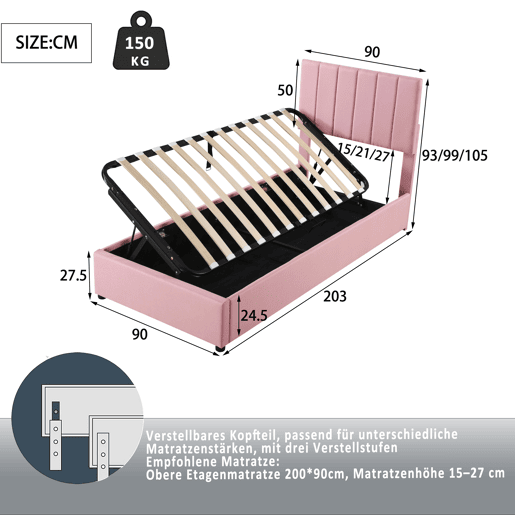 Cama estofada em linho com arrumação - 90x200cm - Rosa