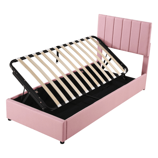 Cama estofada em linho com arrumação - 90x200cm - Rosa