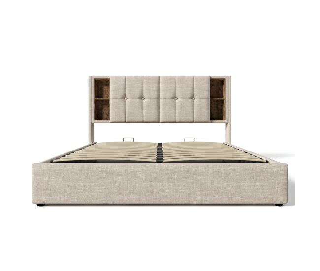 Cama canapé tapizada 140x200 cm - con carga inalámbrica y cabezal de almacenamiento - tela de lino - beige