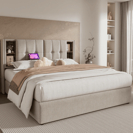Sofá-cama estofado 140x200 cm - com carregamento sem fios e cabeceira para arrumação - tecido de linho - Bege Sofá-cama estofado 140x200 cm - com carregamento sem fios e cabeceira para arrumação - tecido de linho - Bege