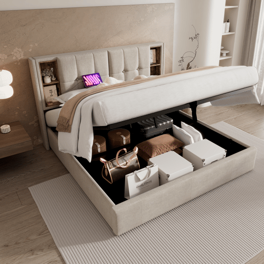 Sofá-cama estofado 140x200 cm - com carregamento sem fios e cabeceira para arrumação - tecido de linho - Bege Sofá-cama estofado 140x200 cm - com carregamento sem fios e cabeceira para arrumação - tecido de linho - Bege