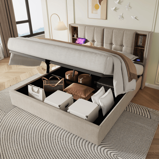 Sofá-cama estofado 140x200 cm - com carregamento sem fios e cabeceira para arrumação - tecido de linho - Bege Sofá-cama estofado 140x200 cm - com carregamento sem fios e cabeceira para arrumação - tecido de linho - Bege
