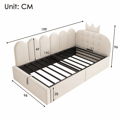 Sofá-cama estofado 90x190 cm - sistema hidráulico com arrumação, formato em L, design em forma de coroa com grelha em veludo, sem colchão - Bege