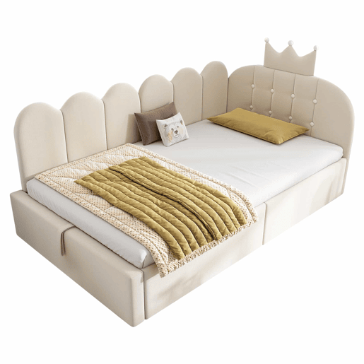 Sofá-cama estofado 90x190 cm - sistema hidráulico com arrumação, formato em L, design em forma de coroa com grelha em veludo, sem colchão - Bege