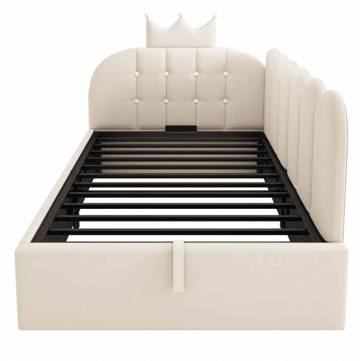 Sofá-cama estofado 90x190 cm - sistema hidráulico com arrumação, formato em L, design em forma de coroa com grelha em veludo, sem colchão - Bege