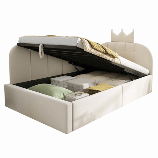 Sofá-cama estofado 90x190 cm - sistema hidráulico com arrumação, formato em L, design em forma de coroa com grelha em veludo, sem colchão - Bege