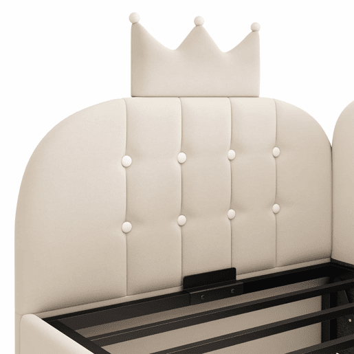 Sofá-cama estofado 90x190 cm - sistema hidráulico com arrumação, formato em L, design em forma de coroa com grelha em veludo, sem colchão - Bege