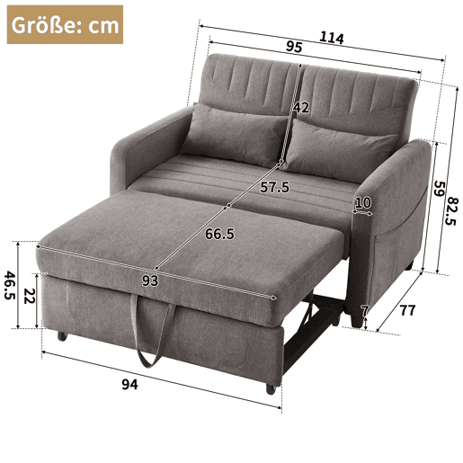 Sofá-cama 2 lugares conversível de algodão e linho,cinza
