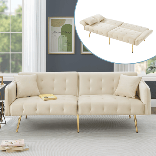 Sofá-cama dobrável 2 lugares fixa de veludo,bege Sofá-cama dobrável 2 lugares fixa de veludo,bege