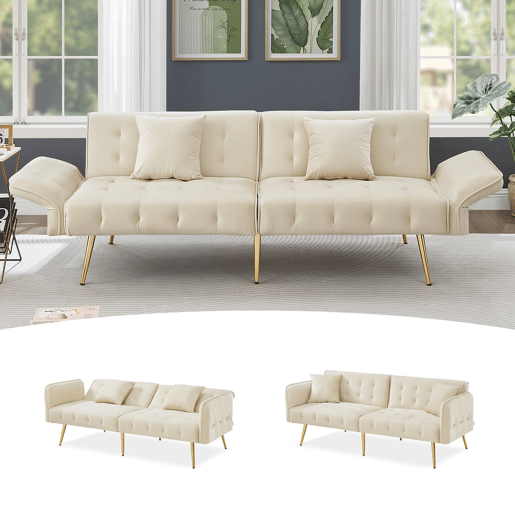 Sofá-cama dobrável 2 lugares fixa de veludo,bege Sofá-cama dobrável 2 lugares fixa de veludo,bege