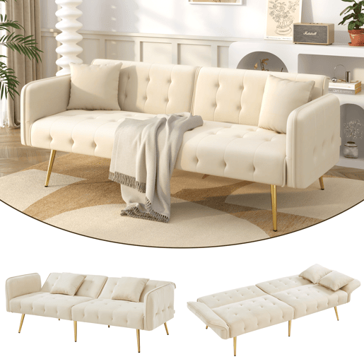 Sofá-cama dobrável 2 lugares fixa de veludo,bege Sofá-cama dobrável 2 lugares fixa de veludo,bege