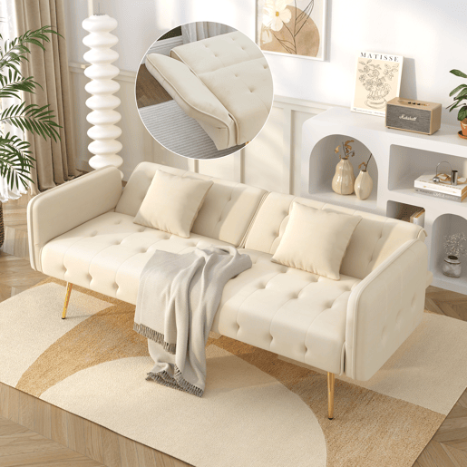 Sofá-cama dobrável 2 lugares fixa de veludo,bege Sofá-cama dobrável 2 lugares fixa de veludo,bege