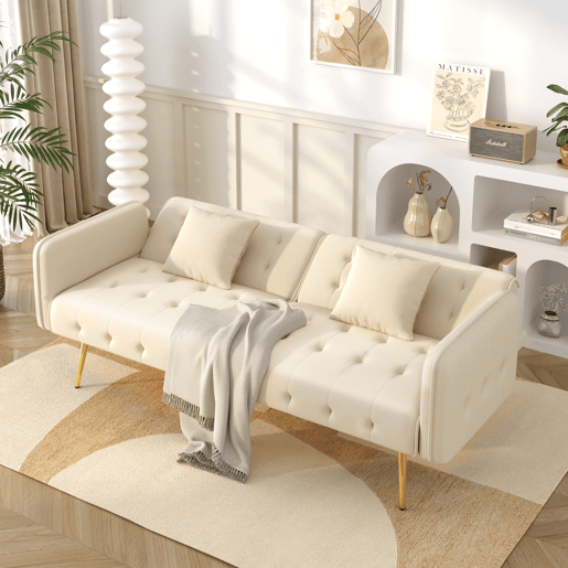 Sofá-cama dobrável 2 lugares fixa de veludo,bege Sofá-cama dobrável 2 lugares fixa de veludo,bege