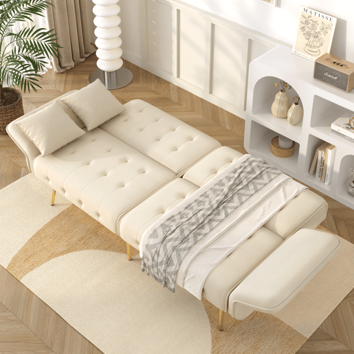 Sofá-cama dobrável 2 lugares fixa de veludo,bege Sofá-cama dobrável 2 lugares fixa de veludo,bege