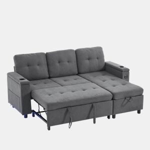 Sofá-cama 3 lugares conversível de tecido com armazenamento e luz led,cinza