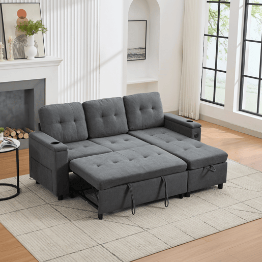 Sofá-cama 3 lugares conversível de tecido com armazenamento e luz led,cinza