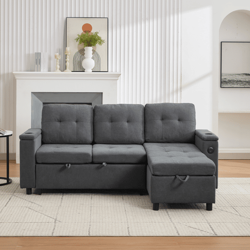Sofá-cama 3 lugares conversível de tecido com armazenamento e luz led,cinza