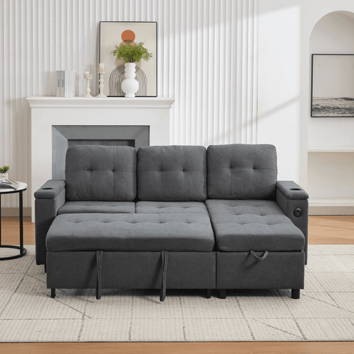 Sofá-cama 3 lugares conversível de tecido com armazenamento e luz led,cinza