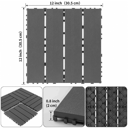 Ladrilhos de plástico encaixáveis para terraços, 30 x 30 cm - 44 peças, sistema modular, impermeáveis, adequados para todas as condições climáticas, uso exterior em piscinas, varandas e jardins - cinzento escuro