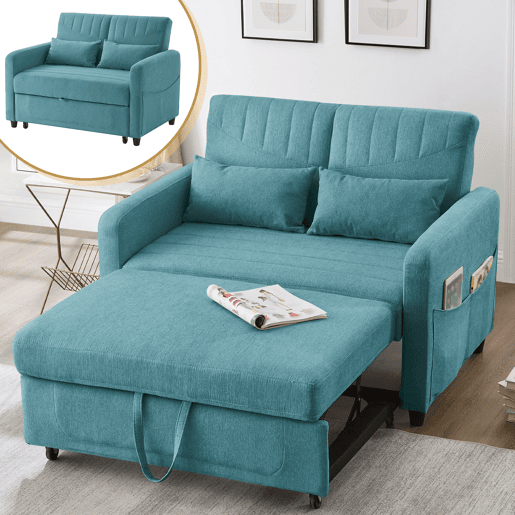 Sofá-cama 2 lugares conversível de algodão e linho,azul