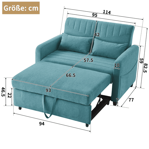 Sofá-cama 2 lugares conversível de algodão e linho,azul