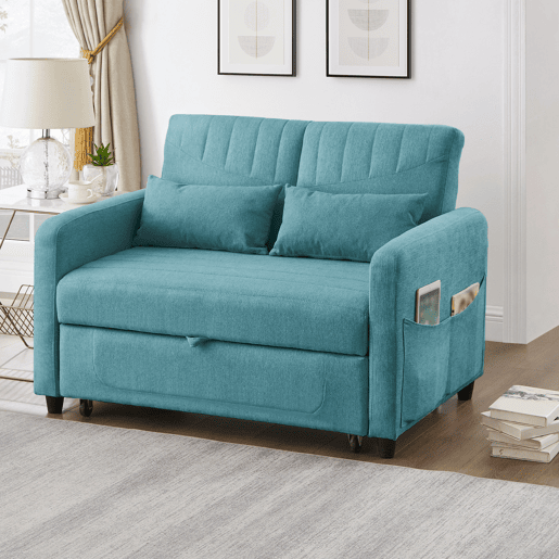 Sofá-cama 2 lugares conversível de algodão e linho,azul