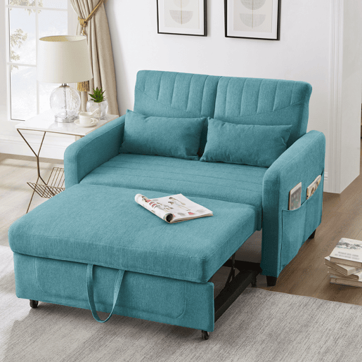 Sofá-cama 2 lugares conversível de algodão e linho,azul