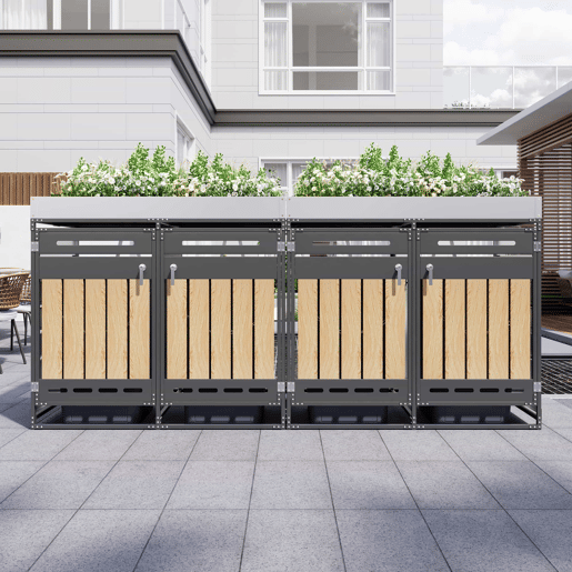 Contenedor de lixo (4 unidades) u2013 com vaso para plantas, painéis verticais de madeira, ventilação com ranhuras, armário de jardim com fechadura u2013 preto