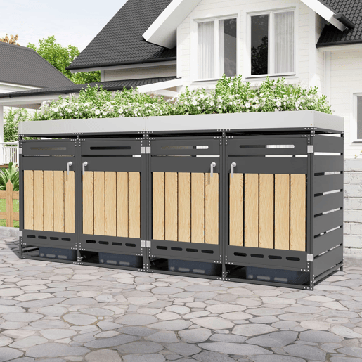 Contenedor de lixo (4 unidades) u2013 com vaso para plantas, painéis verticais de madeira, ventilação com ranhuras, armário de jardim com fechadura u2013 preto