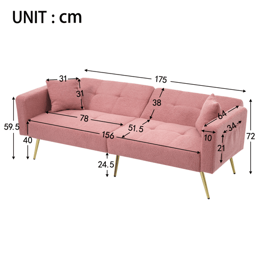 Sofá-cama dobrável 2 lugares fixa de tecido,rosa