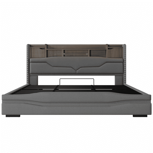 Cama com arrumação hidráulica 180x200 cm - Com porta USB, faixa de luz ambiente, cabeceira com compartimento de arrumação, sem colchão, com luzes LED - Cinza