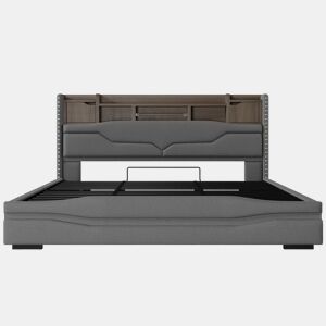 Cama com arrumação hidráulica 180x200 cm - Com porta USB, faixa de luz ambiente, cabeceira com compartimento de arrumação, sem colchão, com luzes LED - Cinza