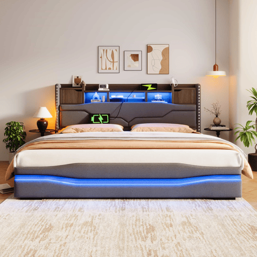 Cama com arrumação hidráulica 180x200 cm - Com porta USB, faixa de luz ambiente, cabeceira com compartimento de arrumação, sem colchão, com luzes LED - Cinza