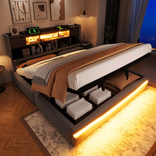 Cama com arrumação hidráulica 180x200 cm - Com porta USB, faixa de luz ambiente, cabeceira com compartimento de arrumação, sem colchão, com luzes LED - Cinza