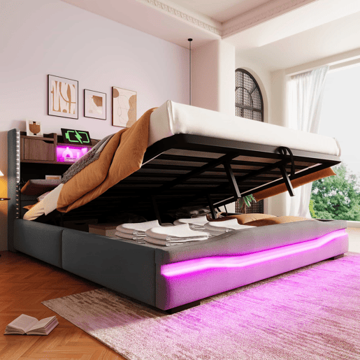 Cama com arrumação hidráulica 180x200 cm - Com porta USB, faixa de luz ambiente, cabeceira com compartimento de arrumação, sem colchão, com luzes LED - Cinza