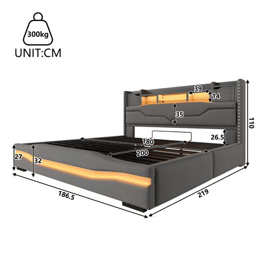 Cama com arrumação hidráulica 180x200 cm - Com porta USB, faixa de luz ambiente, cabeceira com compartimento de arrumação, sem colchão, com luzes LED - Cinza