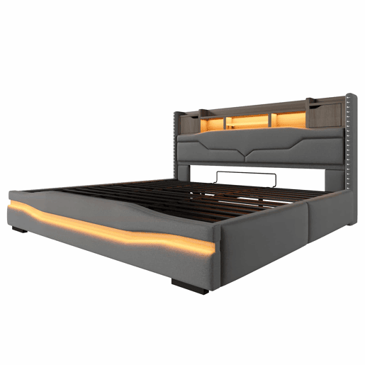 Cama com arrumação hidráulica 180x200 cm - Com porta USB, faixa de luz ambiente, cabeceira com compartimento de arrumação, sem colchão, com luzes LED - Cinza
