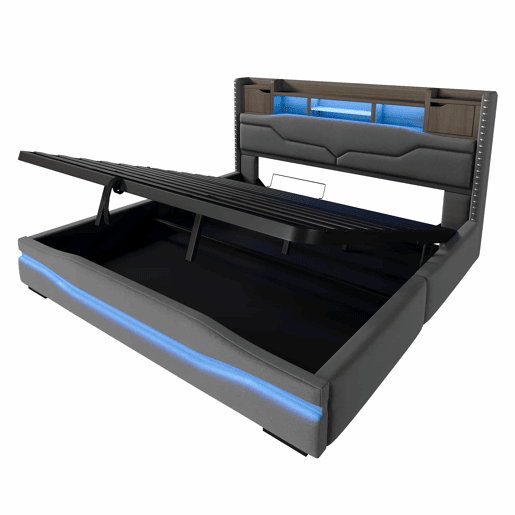 Cama com arrumação hidráulica 180x200 cm - Com porta USB, faixa de luz ambiente, cabeceira com compartimento de arrumação, sem colchão, com luzes LED - Cinza