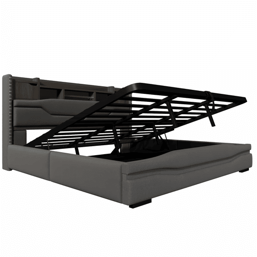 Cama com arrumação hidráulica 180x200 cm - Com porta USB, faixa de luz ambiente, cabeceira com compartimento de arrumação, sem colchão, com luzes LED - Cinza