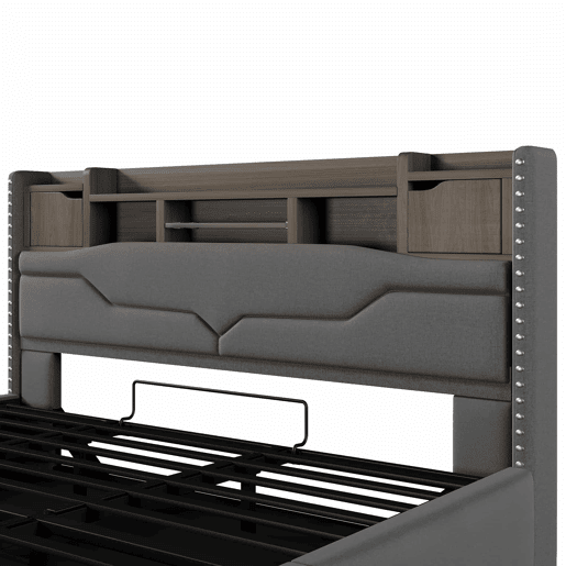 Cama com arrumação hidráulica 180x200 cm - Com porta USB, faixa de luz ambiente, cabeceira com compartimento de arrumação, sem colchão, com luzes LED - Cinza