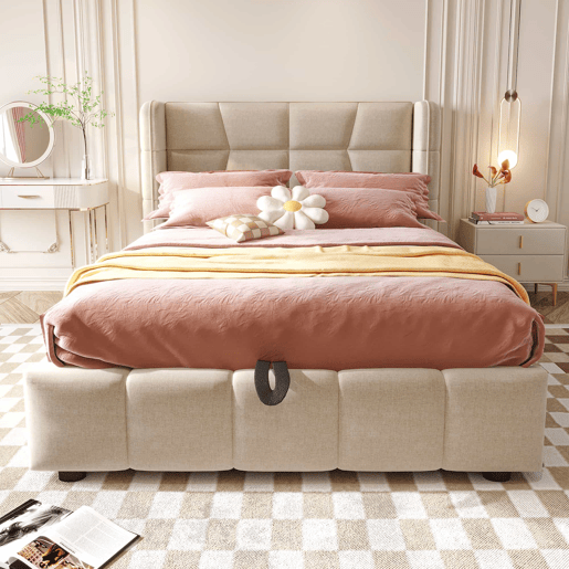 Cama estofada infantil 90 x 200 cm - com base de ripas, cabeceira e sistema de arrumação pneumático, estrutura em linho para crianças e adolescentes - bege