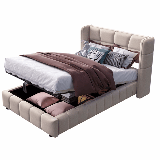 Cama estofada infantil 90 x 200 cm - com base de ripas, cabeceira e sistema de arrumação pneumático, estrutura em linho para crianças e adolescentes - bege