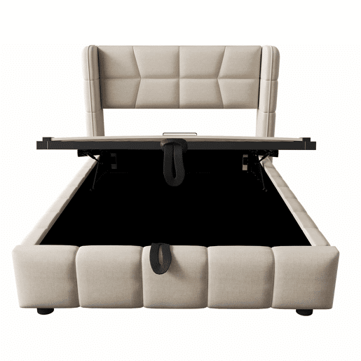 Cama estofada infantil 90 x 200 cm - com base de ripas, cabeceira e sistema de arrumação pneumático, estrutura em linho para crianças e adolescentes - bege