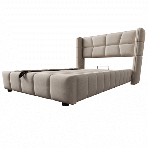 Cama estofada infantil 90 x 200 cm - com base de ripas, cabeceira e sistema de arrumação pneumático, estrutura em linho para crianças e adolescentes - bege