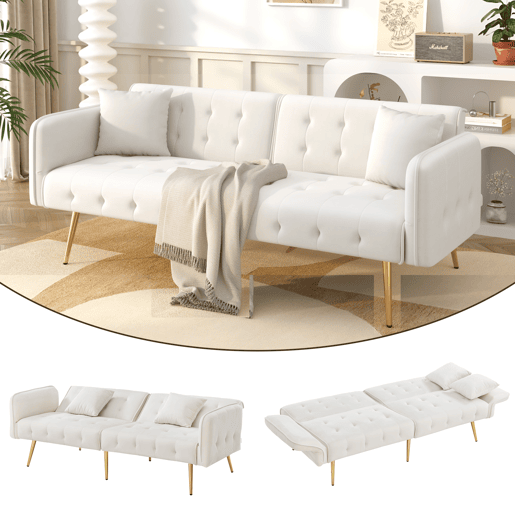 Sofá-cama dobrável 2 lugares fixa de veludo,branco
