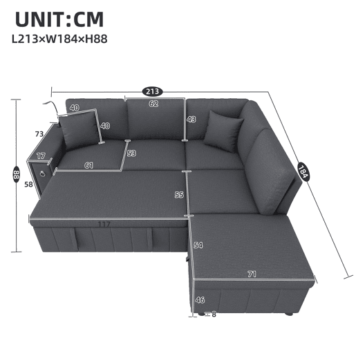 Sofá-cama 5 lugares conversível de linho,cinza